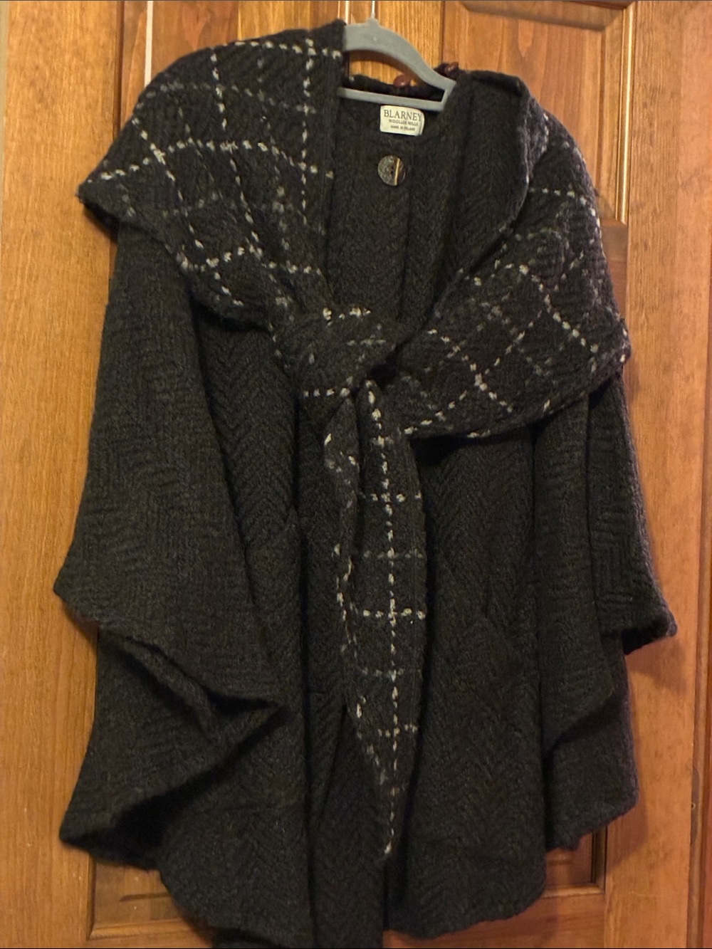 Irish Wool Blend Poncho with Button-on Removable Scarf/Hood